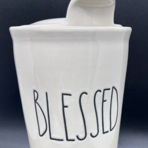 Rae Dunn BLESSED Ceramic Mug Cup Tumbler Travel Ivory White w/ Lid Artisan Coll.